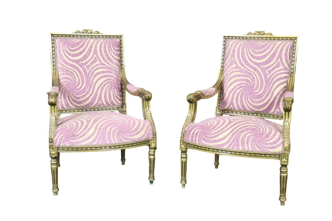PAIR LOUIS XVI SYTLE BERGERES: Carved. Upholstered. Gilt. 41 1/2" h x 27 1/2" w x 23". Seat height 18 1/2".