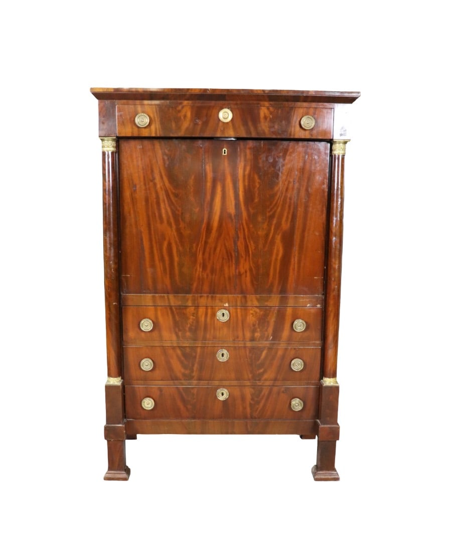 EMPIRE BRONZE MOUNTED SLANT FRONT DESK: Bronze mounts. Drop front .4 drawers. 61 1/2" h x 39 1/2" w x 20 1/2" d.