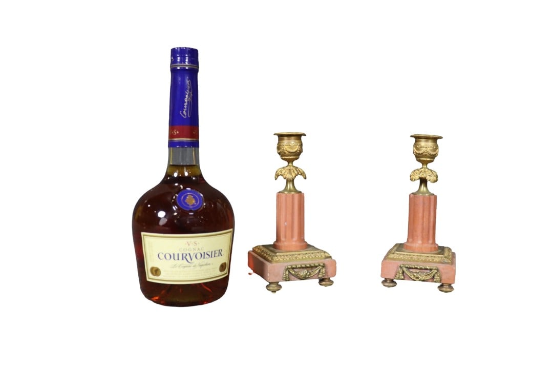 PAIR MARBLE & BRONZE CANDELABRAS: Marble. Bronze. 7 1/4" h x 3 1/2" square.