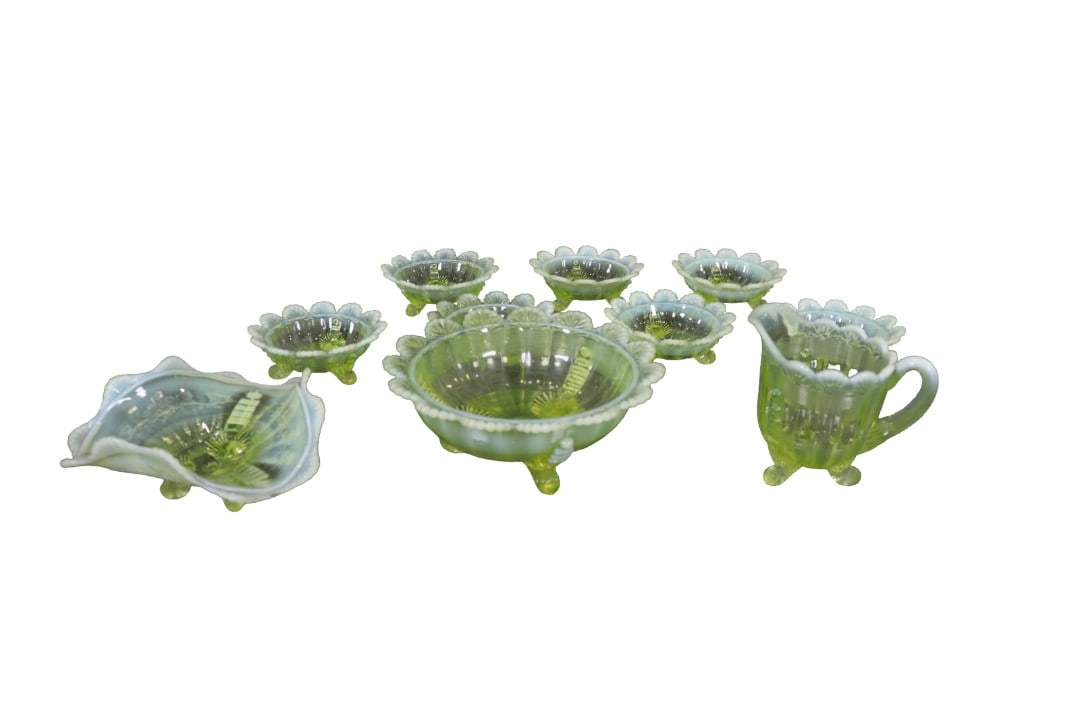 10 PIECE VENETIAN DESERT SET: 10 piece. Venetian glass. Boxed measures 3 1/2" h x 18" w x 12" d.