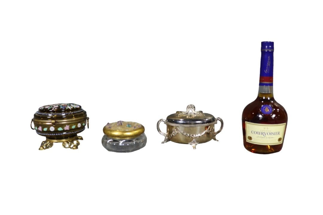 3 PIECE BOXES: Silver. Enameled. Jeweled. One measures 4 1/2" h x 6" diameter. Second measures 2 1/4" h x 4 3/4" diameter. Third measures 4" h x 7" w x 5" d.