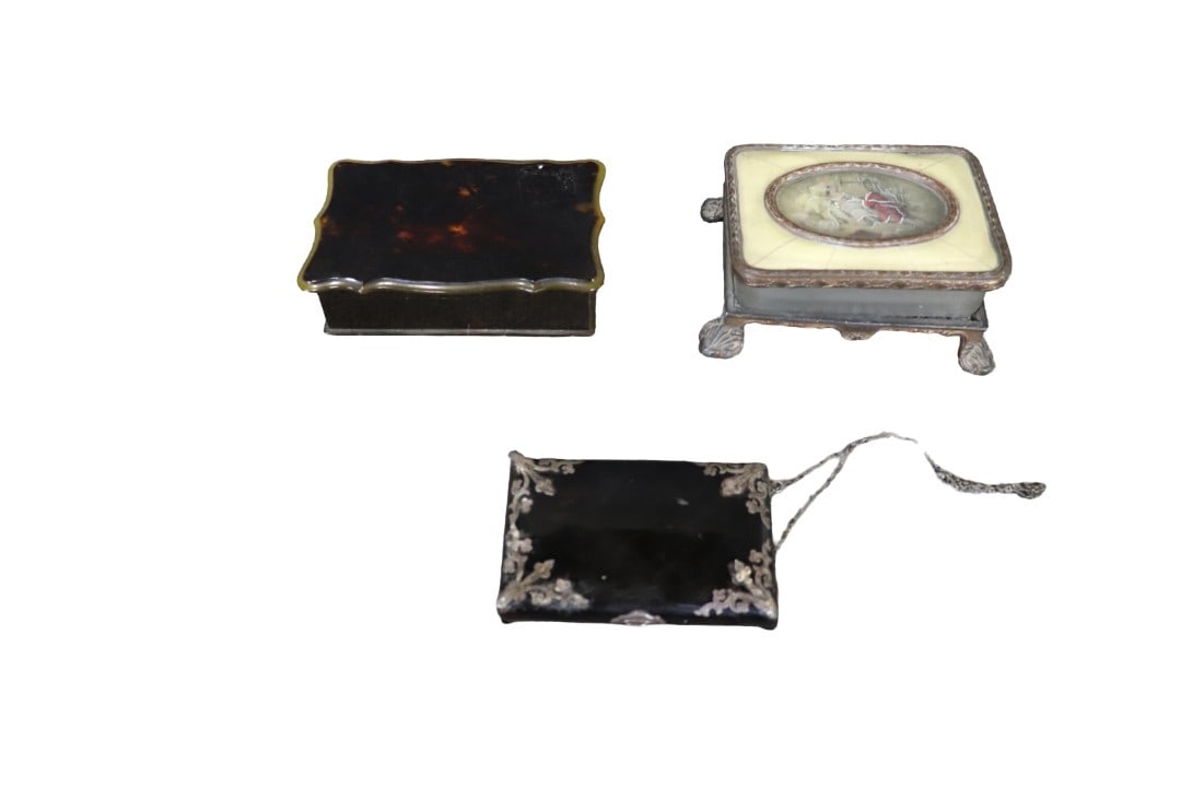 3 PIECE JEWELRY CASKETS: 3pieces. One measures 1 1/2" h x 5 1/4" w x 3 1/4" d. Second measures 1/2" h x 4" w x 3" d. Third measures 2" h x 5 1/2" w x 4" d.