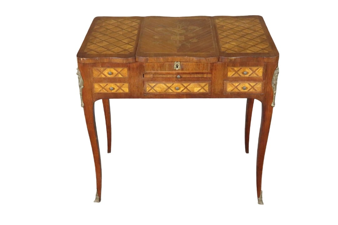 LOUIS XV STYLE INLAID DRESSING TABLE: Inlaid. Brass mounts. Flip up center containing beveled mirror. 2 flip up sides containing fitted interior. 1 pull out tray. 2 dovetailed drawers. 29 1/2" h x 31 1/2" w x 19 1/2" d.