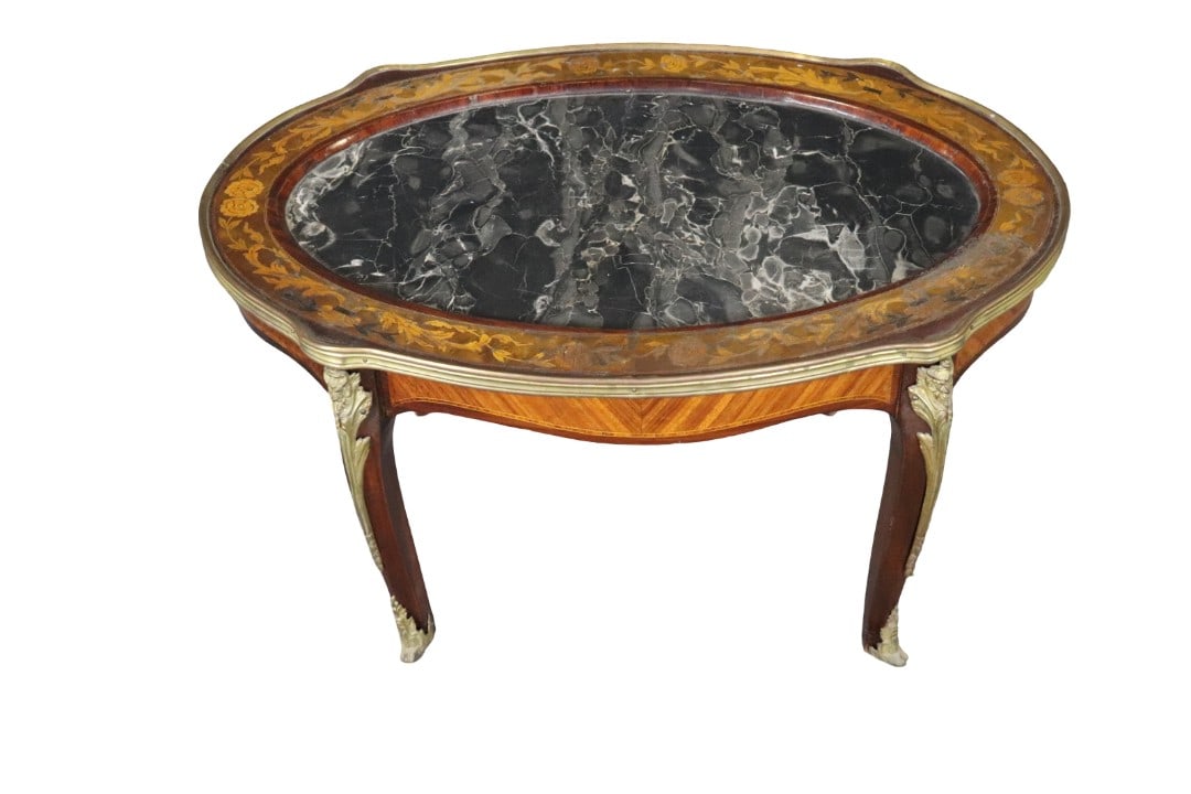 BRONZE MOUNTED INLAID OVAL MARBLE TOP COFFEE TABLE (1 of 8)
