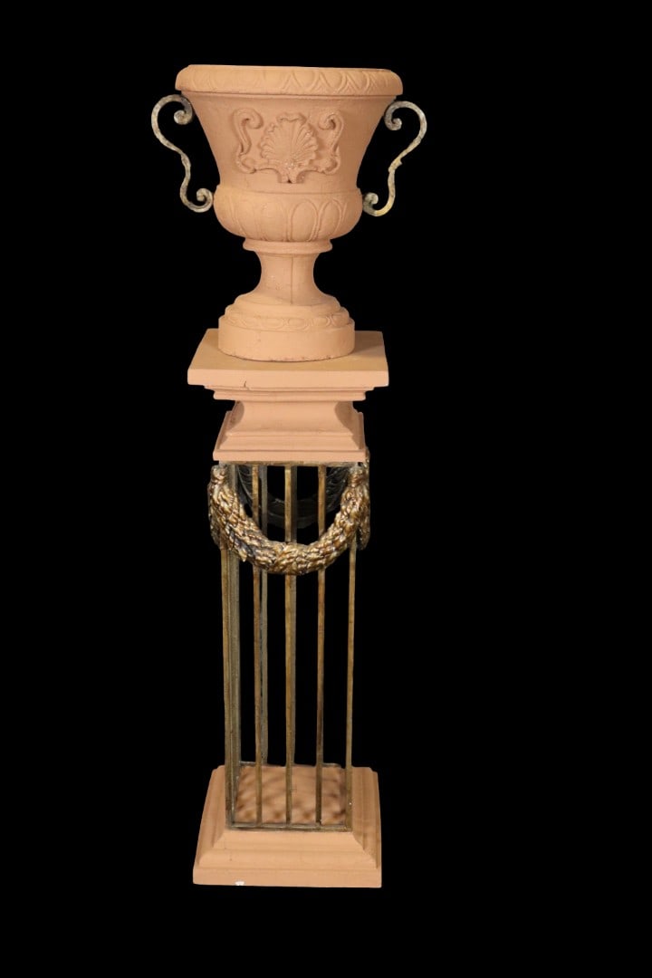 2 PIECE IRON & TERRACOTTA URN & PEDESTAL: 2 piece. Iron. Terracotta. Base measures 14" h x 14" square. Urn measures 15 1/2" h x 19" diameter. Total height 62".