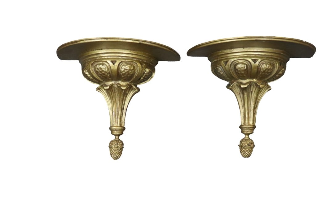 PAIR WOOD CARVED GILDED BRACKETS: Wood. Carved. Gilded. 15 1/2" h x 18 1/4" w x 9 1/2" d.