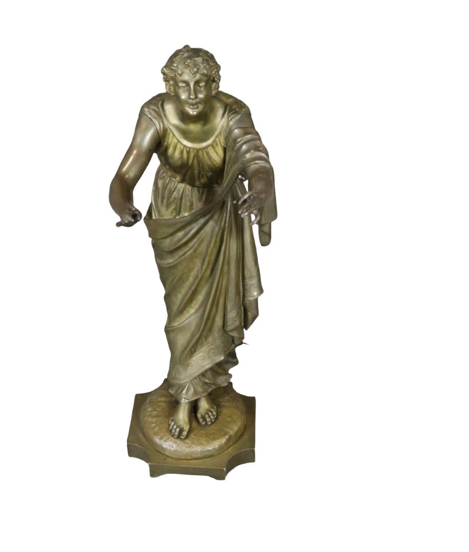 ILLEGIBLY SIGNED BRONZE FIGURE WOMAN: Illegibly signed on base. Bronze. 32" h x 10 1/2" w x 18" d.