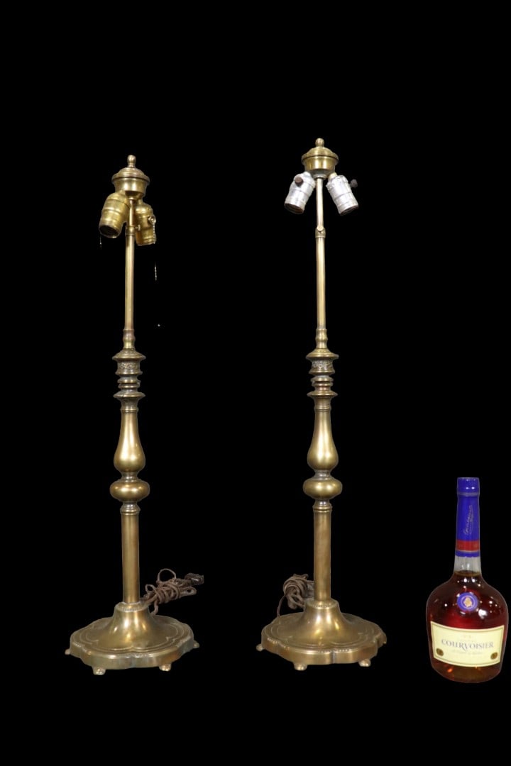 PAIR ENGLISH BRASS LAMPS: Brass. Adjustable. Two bulbs. 30" h x 8"diameter.
