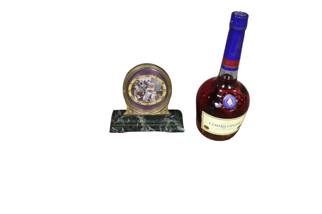 MINI CLOCK WITH MARBLE BASE: Marble. Brass. Signed Swiss on back. 6 1/4" h x 6 1/2" w x 3" d.