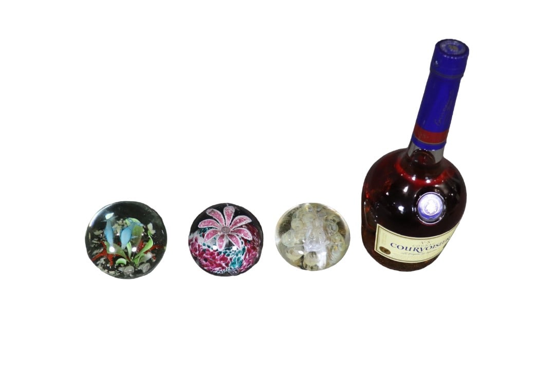 3 PAPERWEIGHTS: 3piece. Biggest paperweight measures 3" h x 3 1/2" diameter.