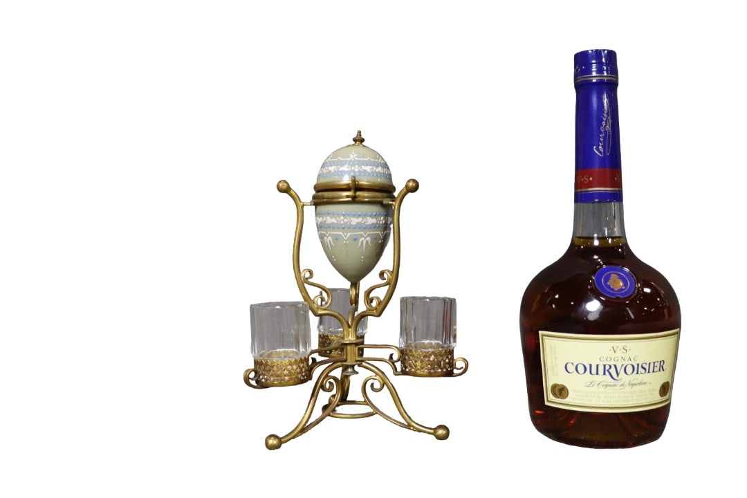 2 PIECE GREEN VASE & BRONZE CIGARETTE STAND: Bronze. Glass. 2 piece. 8 1/2" h x 5 1/2" diameter.