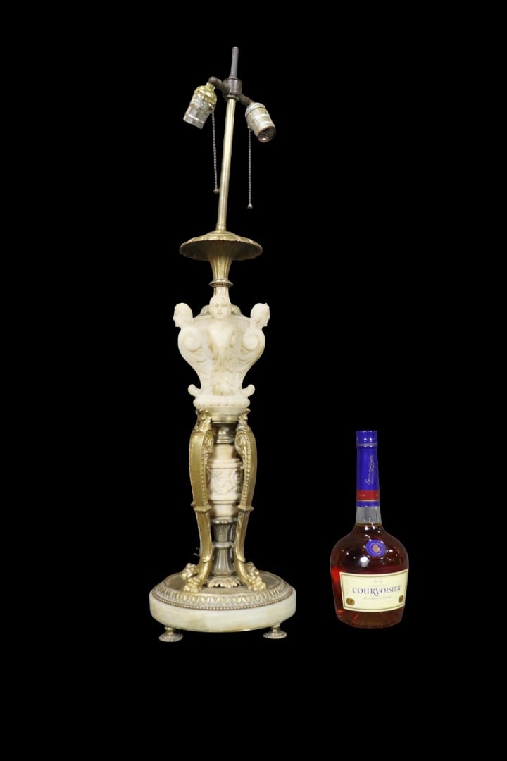 BRONZE & ALABASTER TABLE LAMP: Bronze. Alabaster. 33" h x 8 1/2" diameter.