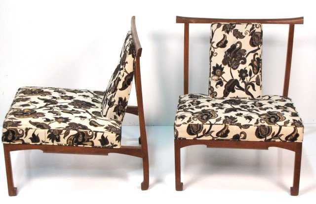 Pair JAMES MONT STYLE LOUNGE CHAIRS: Very good condition with light wear. Hole in upholstery. 31 3/4"h. x 29 1/2"w. x 29"d.