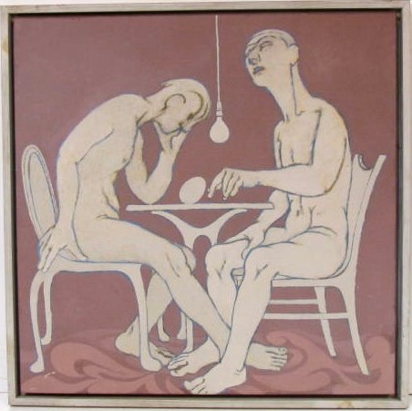 MODERN PAINTING "TRIUMPH OF THE EGG": Oil on board. Unsigned. Good condition with a few small marks.36" x 36" in a 38 1/2" x 38 1/2" frame.