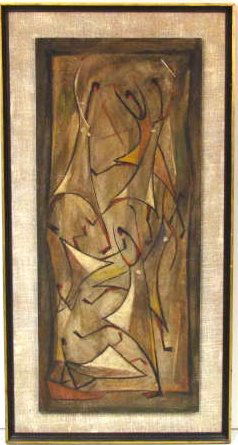 ANGEL BOTELLO (PUERTO RICO) PAINTING DANCING WOMEN: Oil on board. Signed Botello. Painting size 36" x 15 1/2". Framed 42 1/8" x 21 5/8".