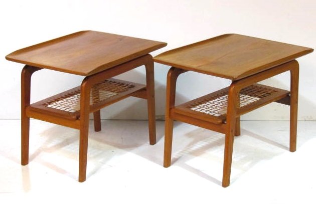 Pair SCANDINAVIAN TEAK END TABLES: Good condition with damage to caning on one table. 21"h. x 18 1/2"w. x 25 1/2"d.