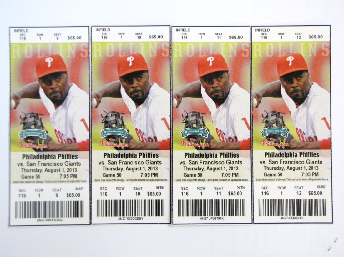 4 PHILLIES TICKETS to benefit WILLIAMS SYNDROME ASSOC.: Set of 4 premium Philadelphia Phillies tickets located first row directly behind the Phillies dugout. Game date game August 1, 2013 at 7:05pm. These are manager Charlie Manuel's personal seats which w
