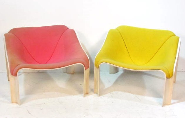 Pair PIERRE PAULIN ARTIFORT MODEL 300 CHAIRS: Plastic frames lacquered over. Wear to fabric. 23 1/2"h. x 32"w. x 28"d.