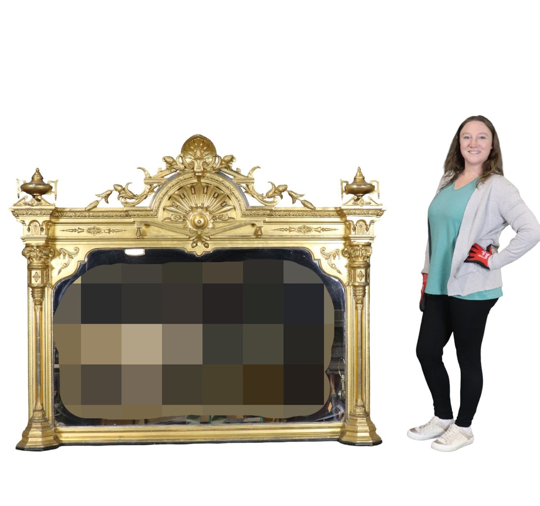 19TH C GOLD LEAF VICTORIAN MIRROR: Gold leaf. Carved. 60" h x 73" w x 8 1/2" d.