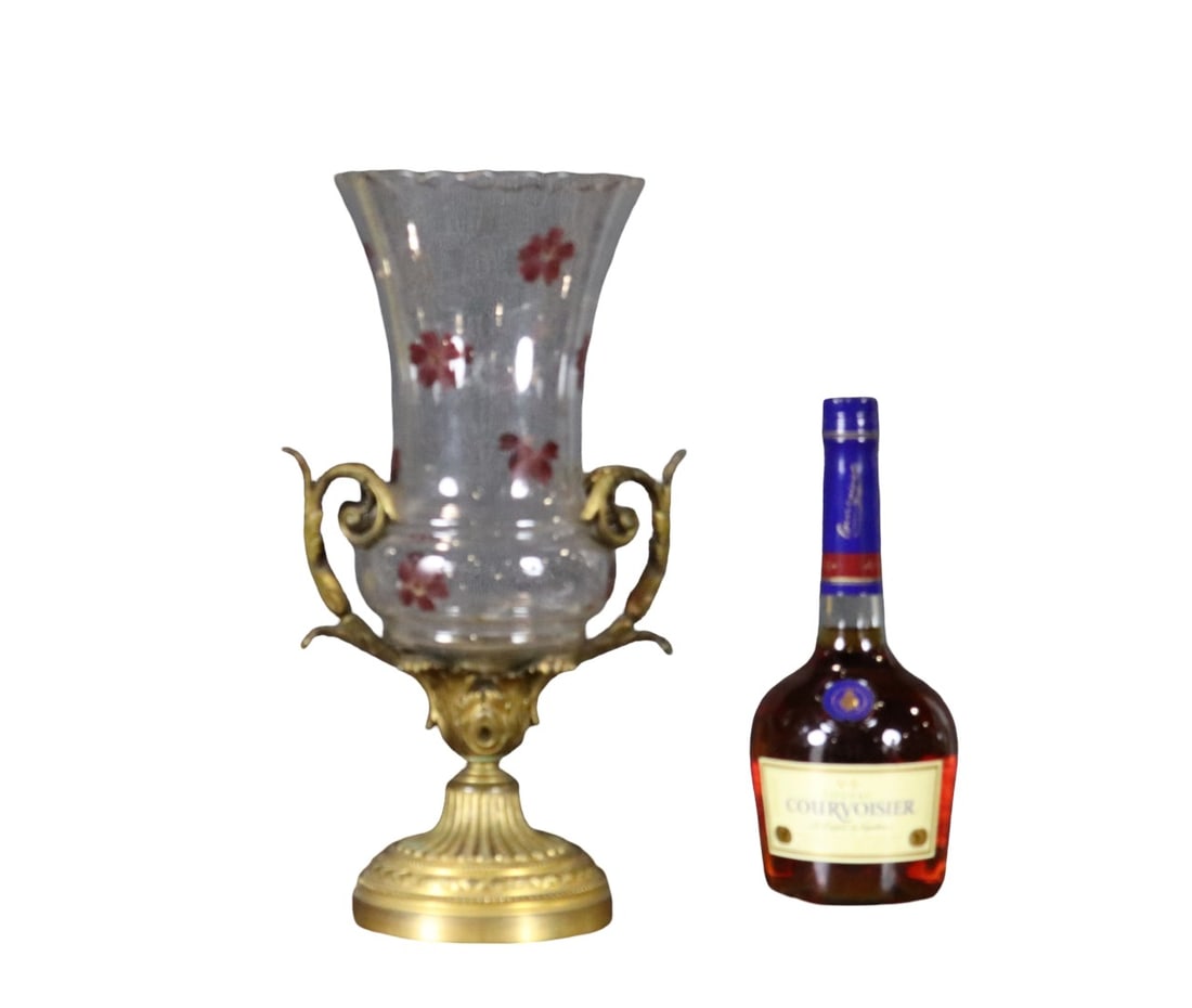 VINTAGE ORMOLU MOUNTED GLASS VASE: Brass. Hand painted floral decorated glass shade. 15 1/8" h x 7 1/2" w x 6 1/4" d.