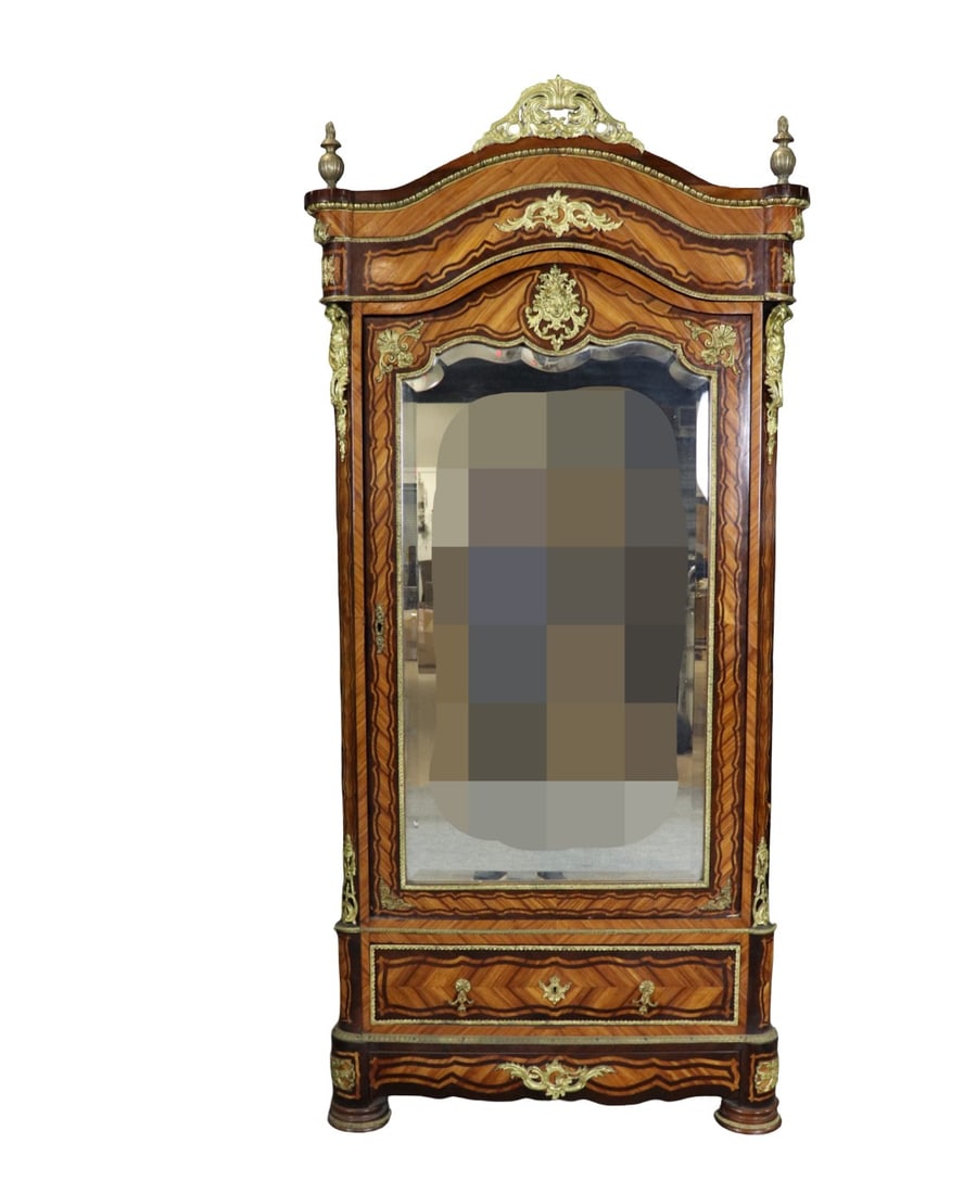 LOUIS XV STYLE MIRRORED ARMOIRE: Bronze mounted. Inlaid. Mirrored front. Dovetailed. Beveled mirror. One door. One drawer. 91 1/2" h x 43" w x 18 1/4" d.