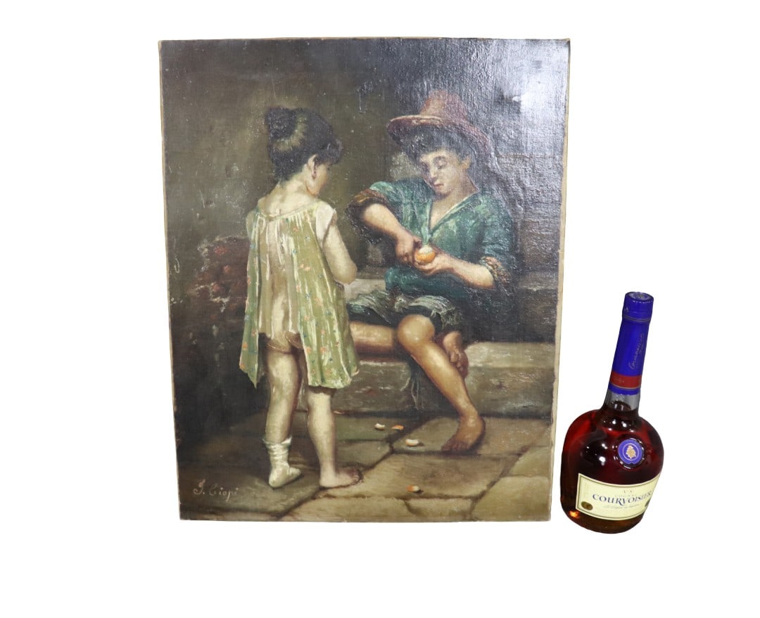 OIL ON CANVAS OF KIDS: Signed lower left. Oil on canvas. 20 1/8" h x 16 1/8" w x 3/4" d.