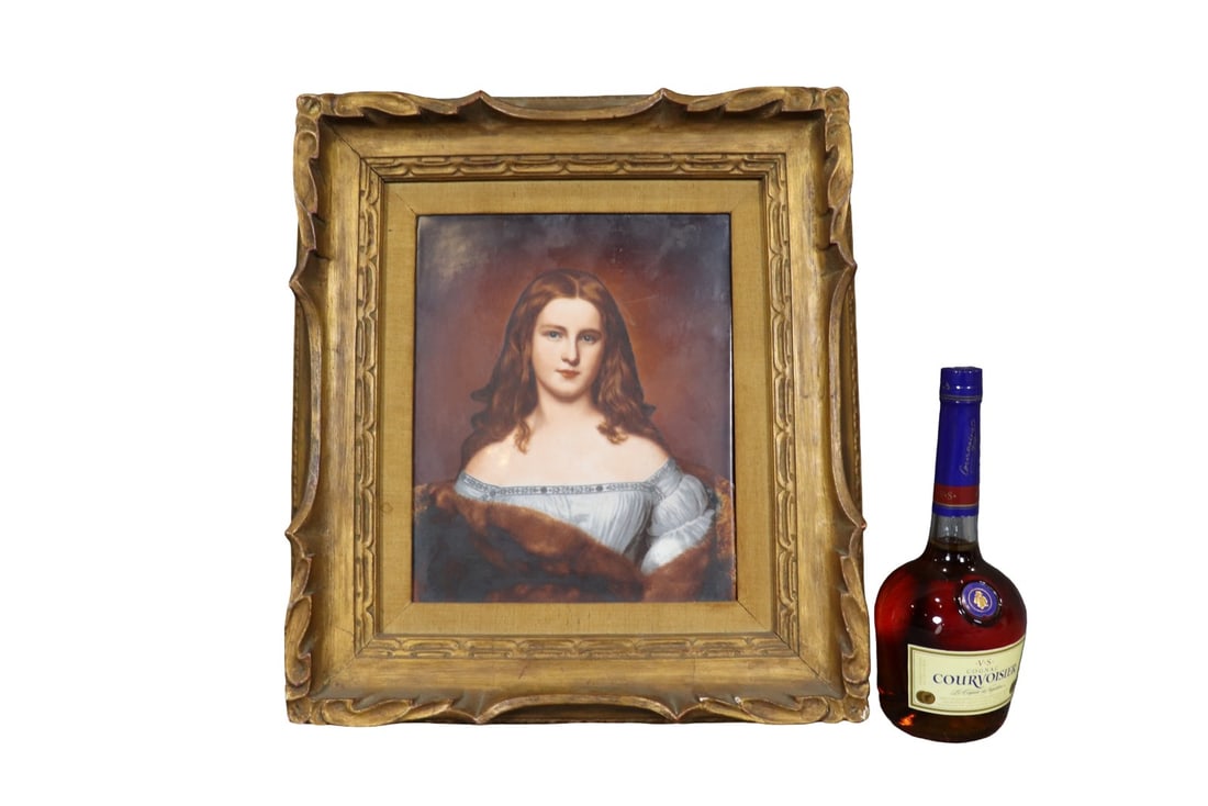 PAINTING ON PORCELAIN OF LADY: Framed measures 18 3/4" h x 16 3/4" w x 1 3/4" d. Unframed measures 14" h x 12" w.