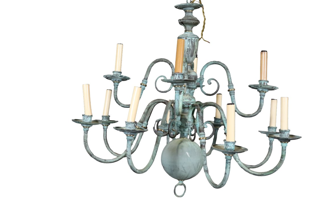 12 ARM WILLIAMSBERG BRASS CHANDELIER: 12 arms. Brass. Distress painted. 26 3/4" h x 31 1/2" diameter.