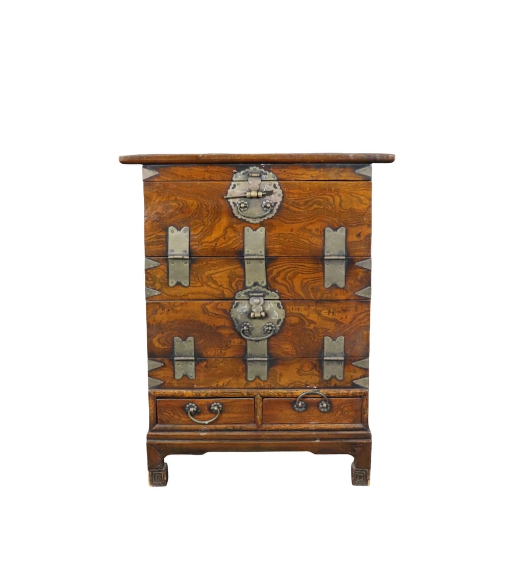 DROP FRONT ASIAN CABINET: 2 drop down doors. 2 drawers. Metal hardware. 36" h x 28 1/4" w x 14 1/4" d.