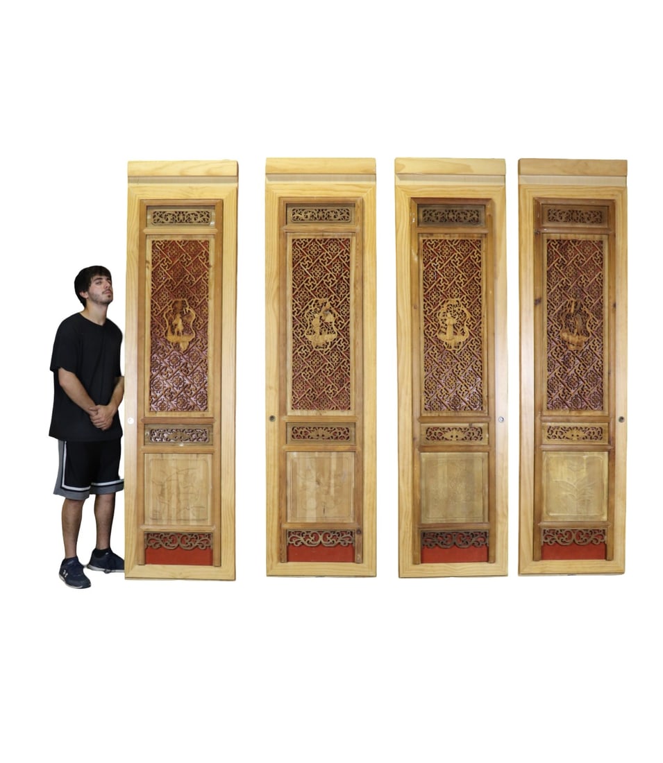 4 CARVED ASIAN DOORS: Carved wood with figural picture in center. 92" h x 24 1/2" w x 1 1/4" d.