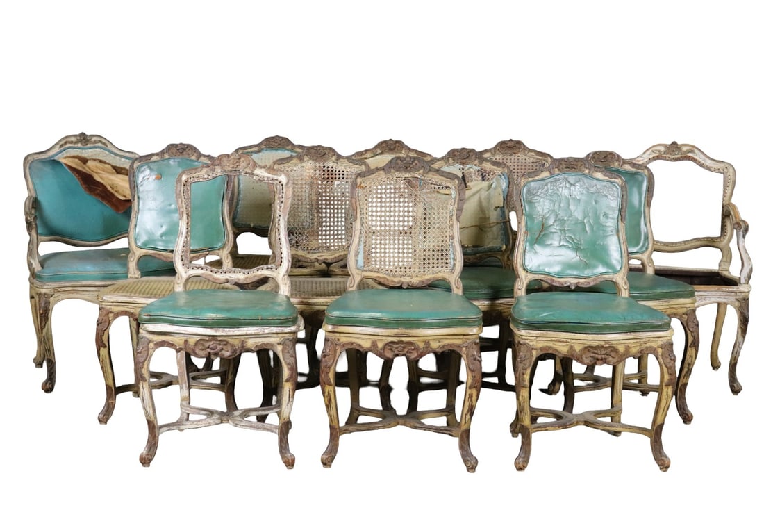 12 ANTIQUE CARVED DISTRESSED CANE CHAIRS (1 of 9)