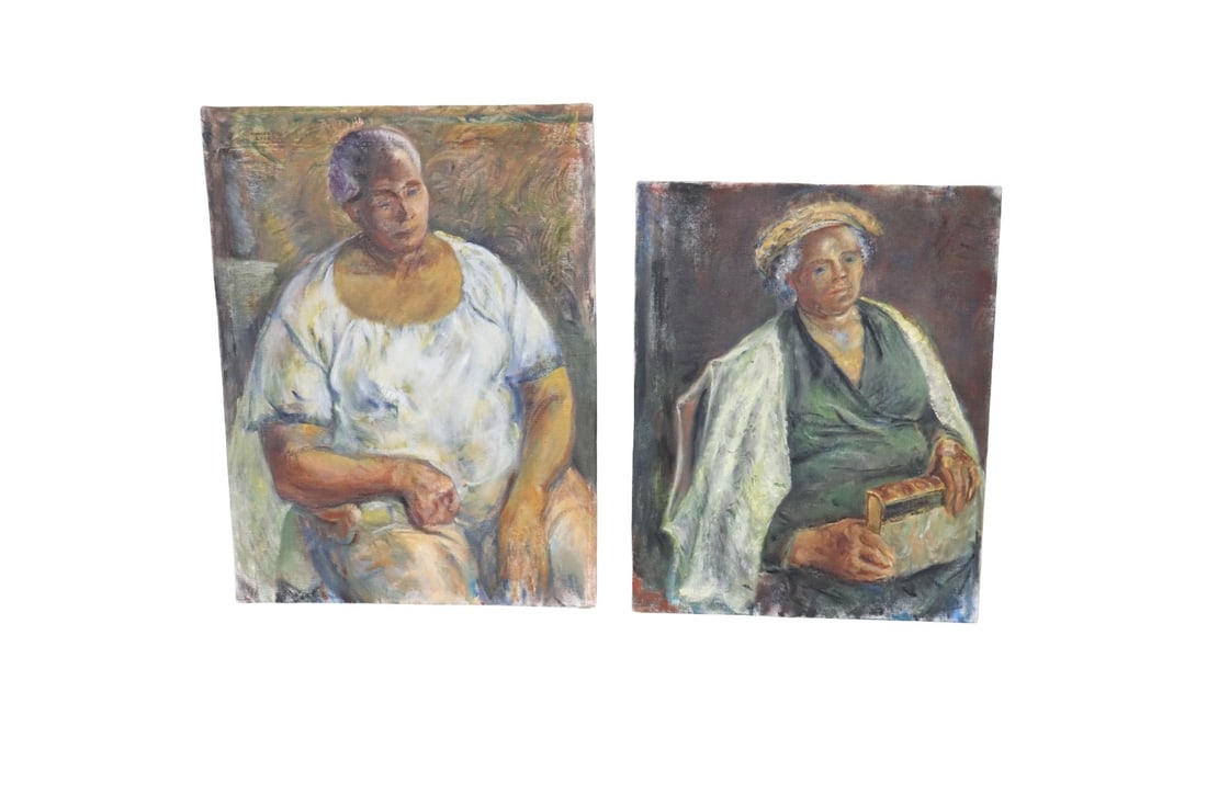 2 SIGNED HOMSEY PAINTINGS OF WOMEN: One signed upper left. One signed verso. One measures 35 1/4" h x 26 1/4" w. One measures 30 1/4" h x 24 1/4" w.