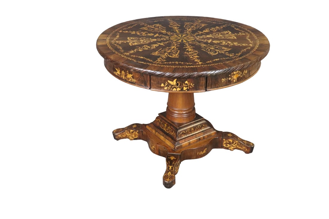 DUTCH MARQUETRY CENTER TABLE: Round. Dutch marquetry. 28 1/2" h x 38 1/2" diameter.