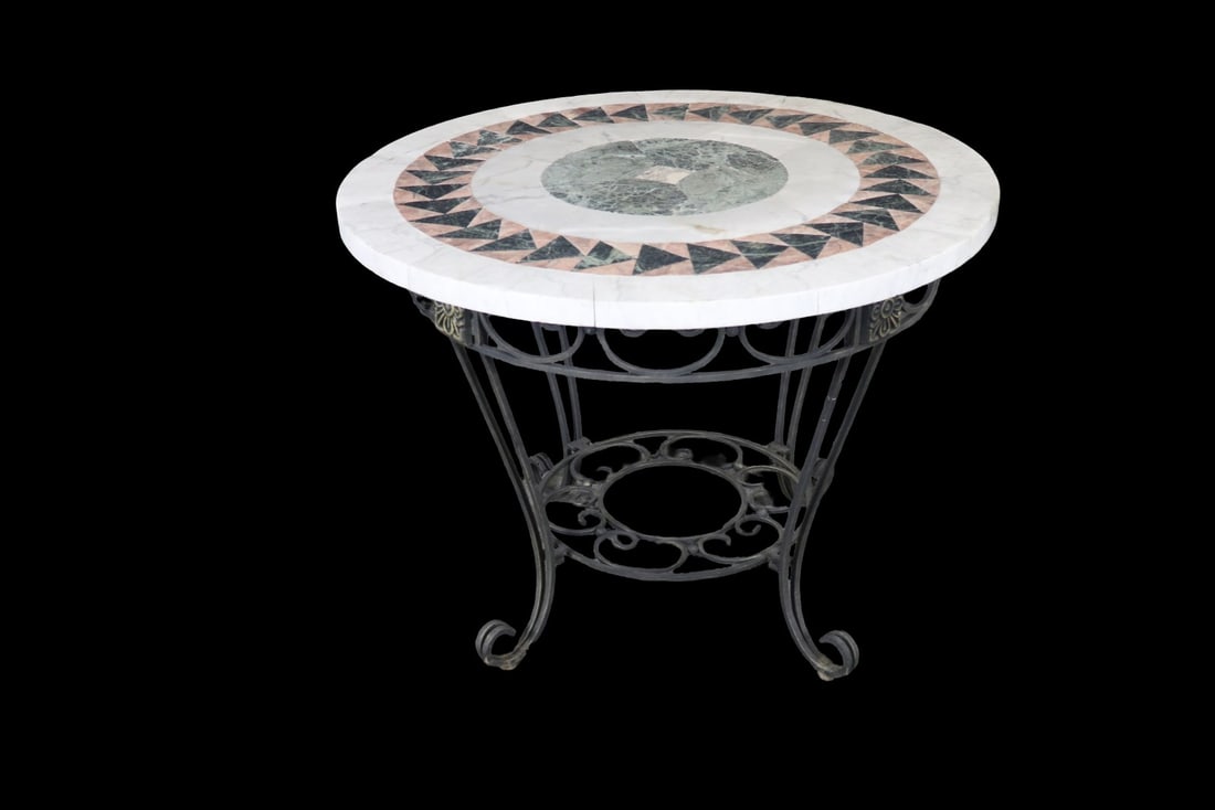 WROUGHT IRON MOSAIC MARBLE TOP TABLE: Wrought iron. Marble. 31" h x 40 1/2" diameter.