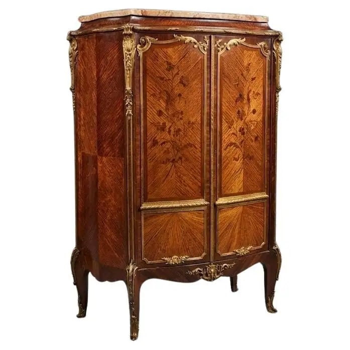 FRENCH LOUIS XV BRONZE MOUNTED ROSEWOOD MARBLE TOP CABINET: Rosewood. Marble top. Bronze mounted. Adjustable shelves. 1890's era. Inlaid. Bombay front. 58 3/4" h x 45" w x 20" d.