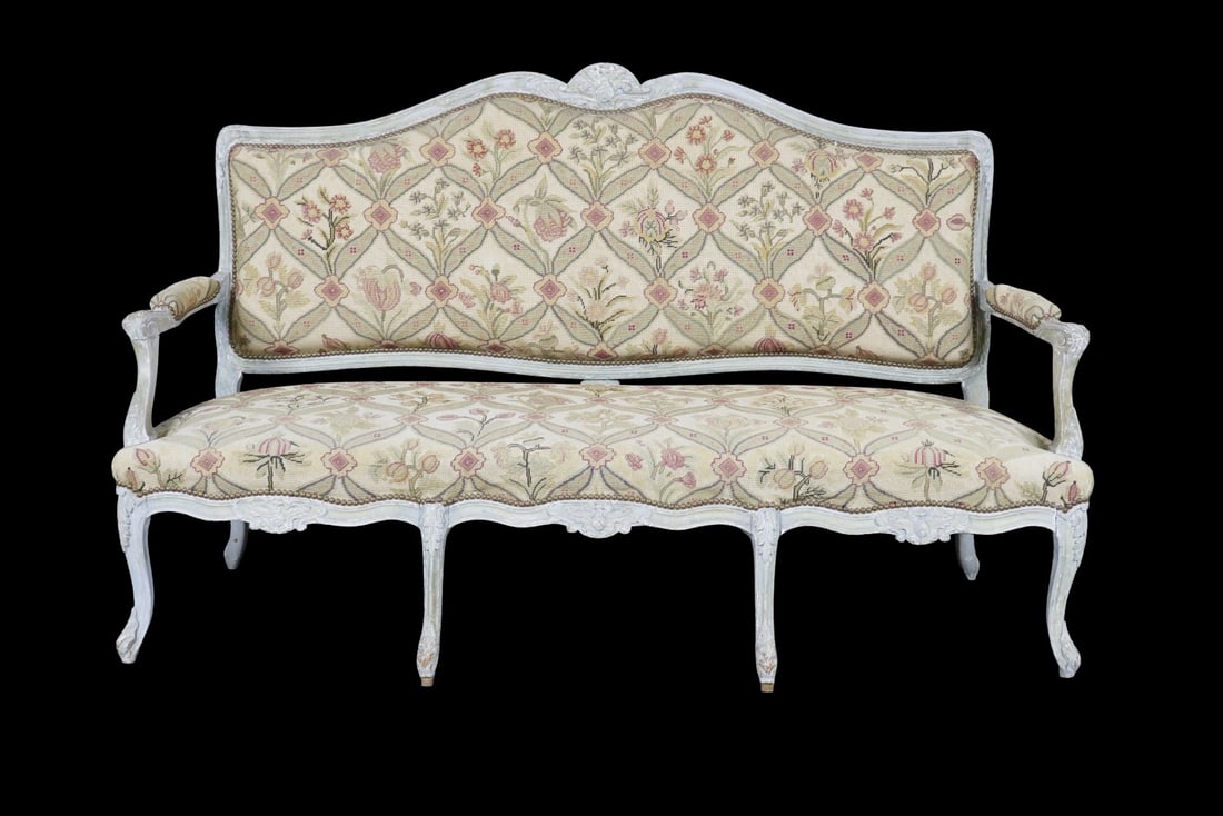 FRENCH CARVED PAINTED OPEN ARM SOFA (1 of 12)