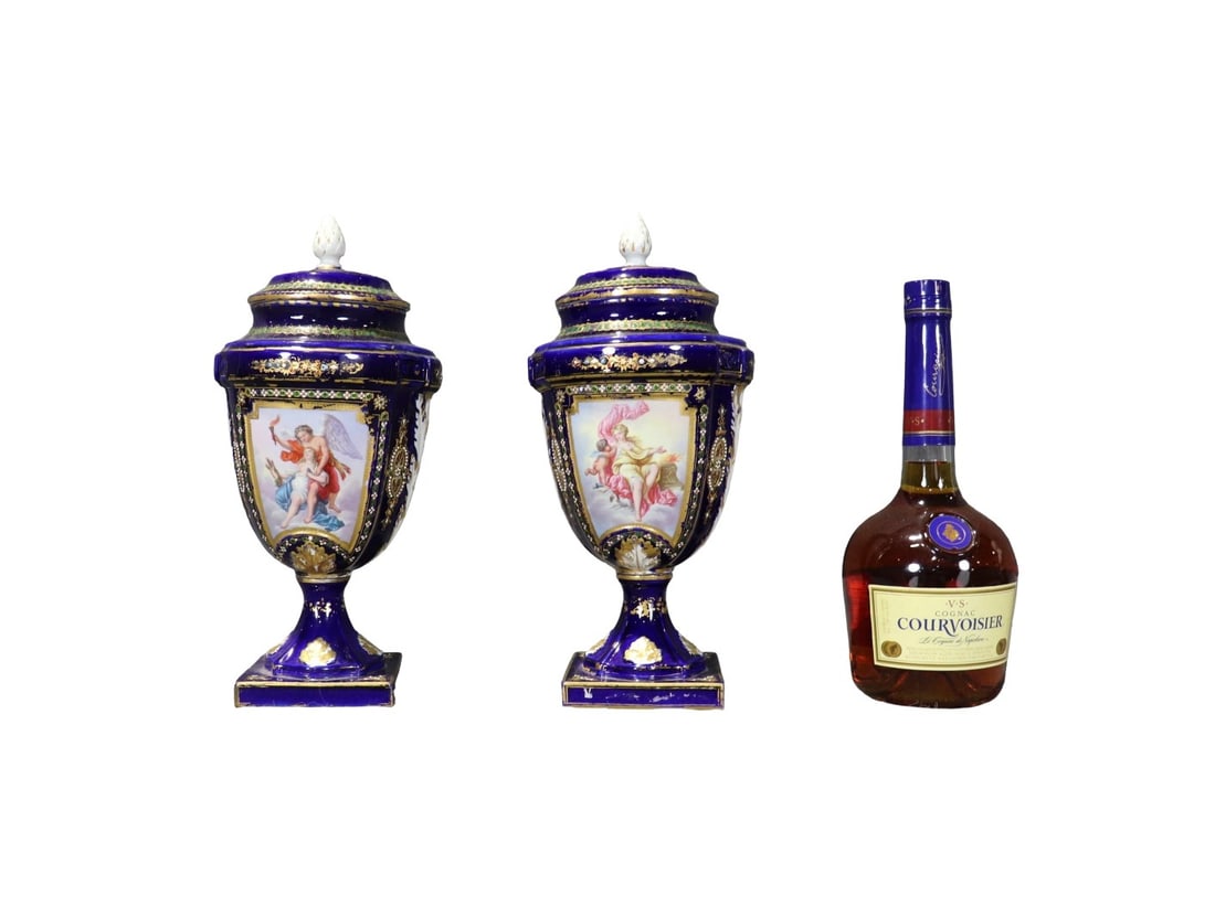 PAIR FRENCH SEVRES STYLE HAND PAINTED PORCELAIN URNS (1 of 12)