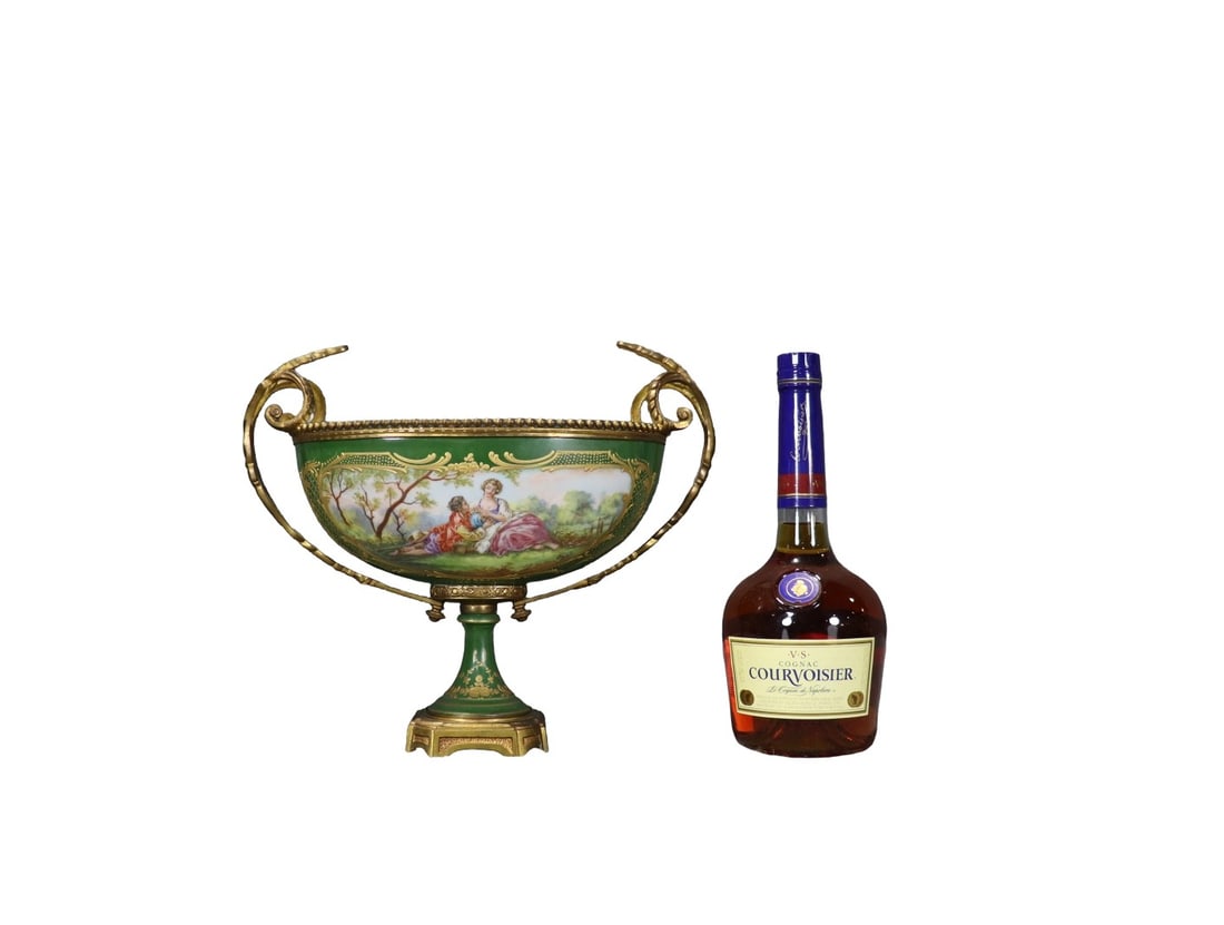 FRENCH SEVRES STYLE PORCELAIN CENTERPIECE: Hand painted. Porcelain. Gilt bronze. 11" h x 13" w x 6 5/8" d.