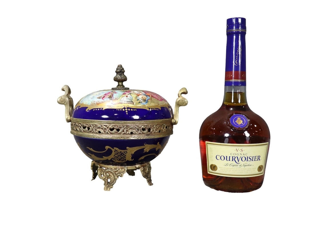 FRENCH SEVRES STYLE PORCELAIN LIDDED POTPOURRI BOWL: Maker mark on bottom. Porcelain. Bronze or ormolu mounts, handles and scrollwork. 8" h x 8 3/4" w x 6 5/8" d.