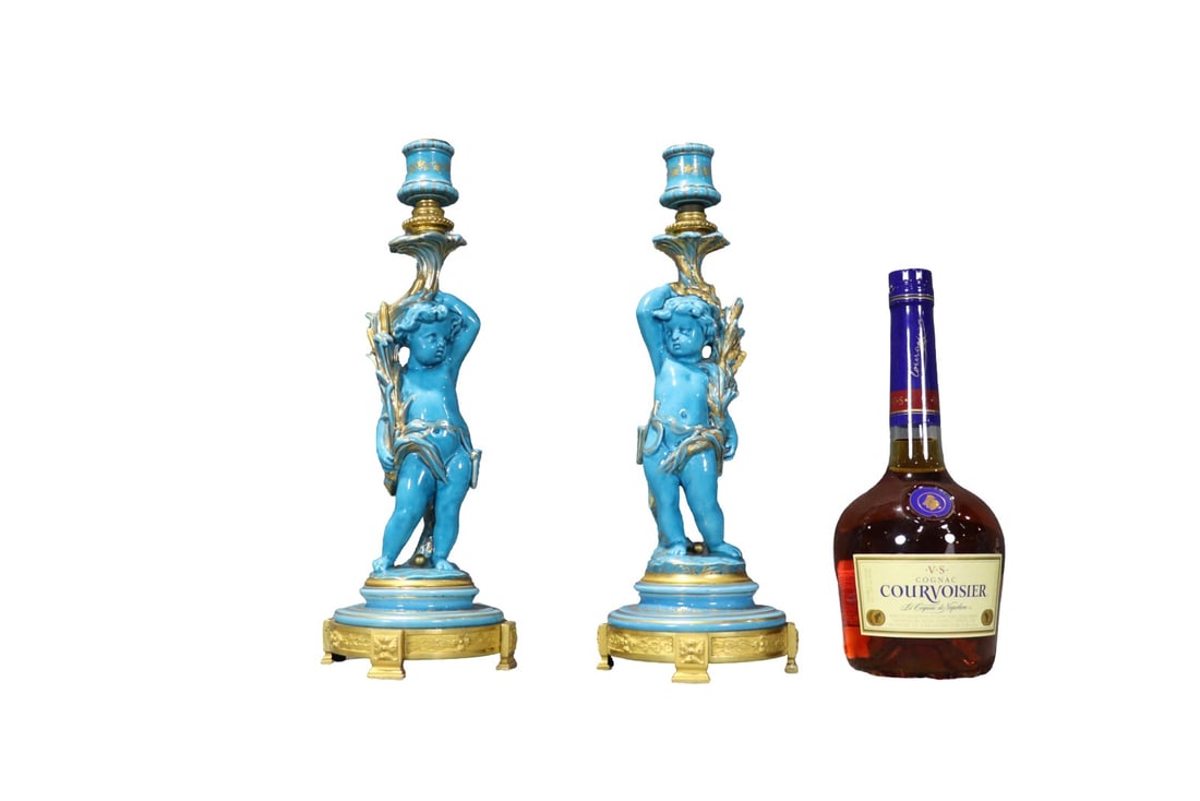 PAIR FRENCH SEVRES STYLE TURQUOISE GLAZED CANDLESTICKS (1 of 8)