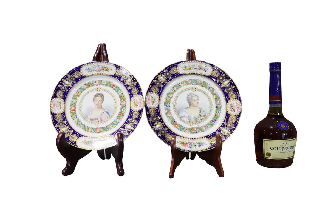 PAIR FRENCH SEVRES STYLE PORCELAIN PLATES: Porcelain. Maker mark on back. 1" h x 9 1/2" diameter.