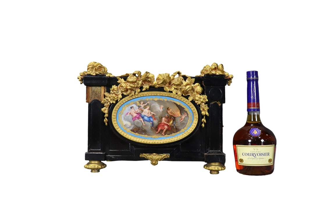 FRENCH BRONZE MOUNTED CASKET WITH PORCELAIN PLAQUE: Gilt bronze ormolu. Ebonized wood. Painted. Illegibly signed on painting. 2 pieces. 11 3/4" h x 15 3/4" w x 10 1/4" d.