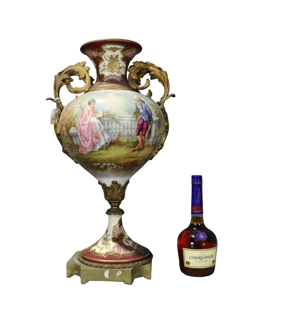 FRENCH SEVRES STYLE PORCELAIN URN: Porcelain. Hand painted. Bronze. 24 1/2" h x 14 1/2" w x 10" d.