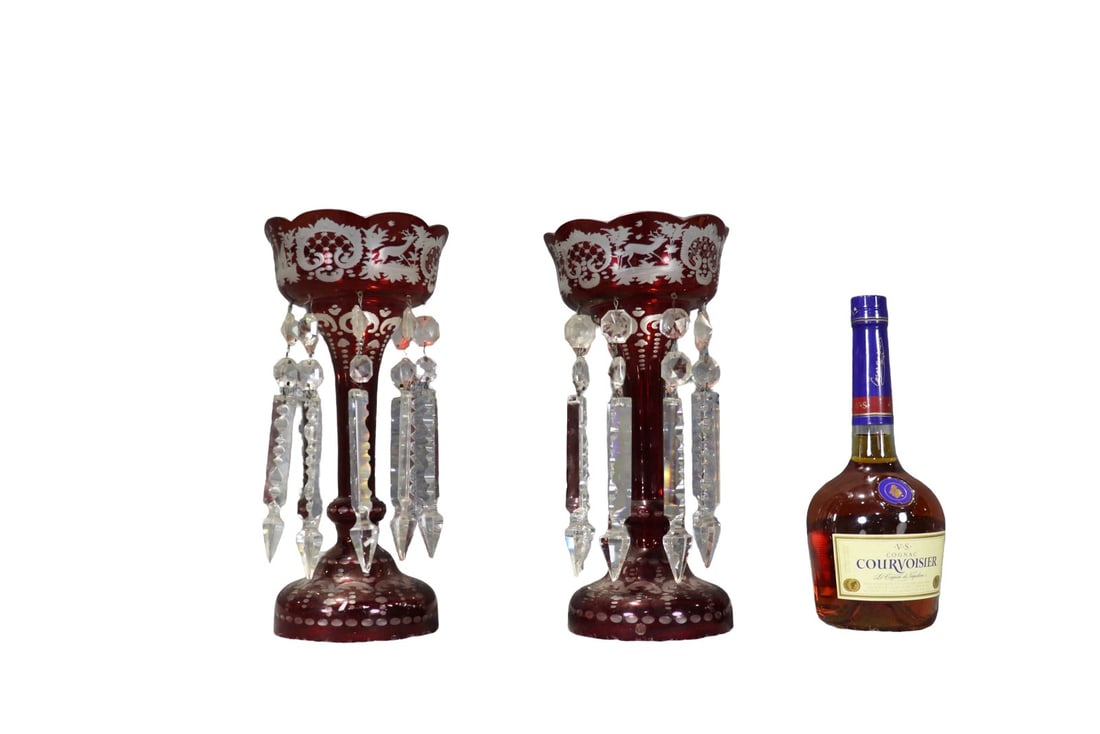PAIR VICTORIAN BOHEMIAN LUSTERS: Etched ruby glass with prisms. 12 3/4" h x 6" diameter.