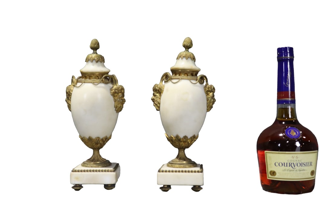 PAIR 19TH C FRENCH MARBLE & GILT BRONZE CASSOLETTE VASES: Marble bodies. Gilt bronze mounts. Figural. 11 1/2" h x 5" w x 3 1/4" d.