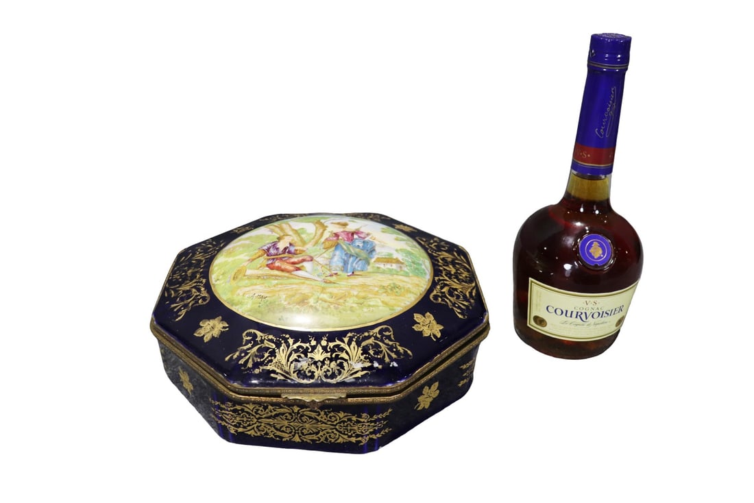 FRENCH SEVRES STYLE PORCELAIN TRINKET BOX: Makers mark on bottom. Signed A. Max on painting. Porcelain. Hand painted. 4" h x 10 1/4" w x 10 1/4" d.