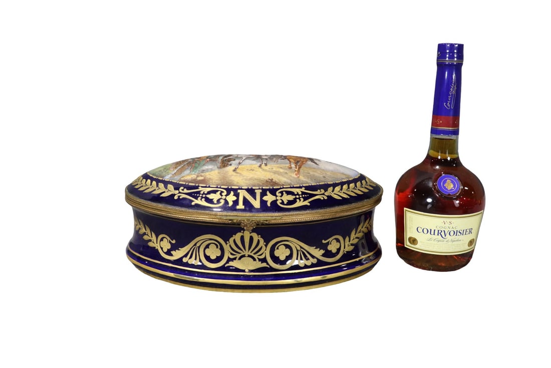 SEVRES STYLE NAPOLEONIC PORCELAIN LIDDED BOX: RMS on lid. Hand painted. Porcelain. Illegibly signed painting. Hinged. Bronze trim. Gilt accents. 5 1/2" h x 12 3/4" w x 8 1/2" d.