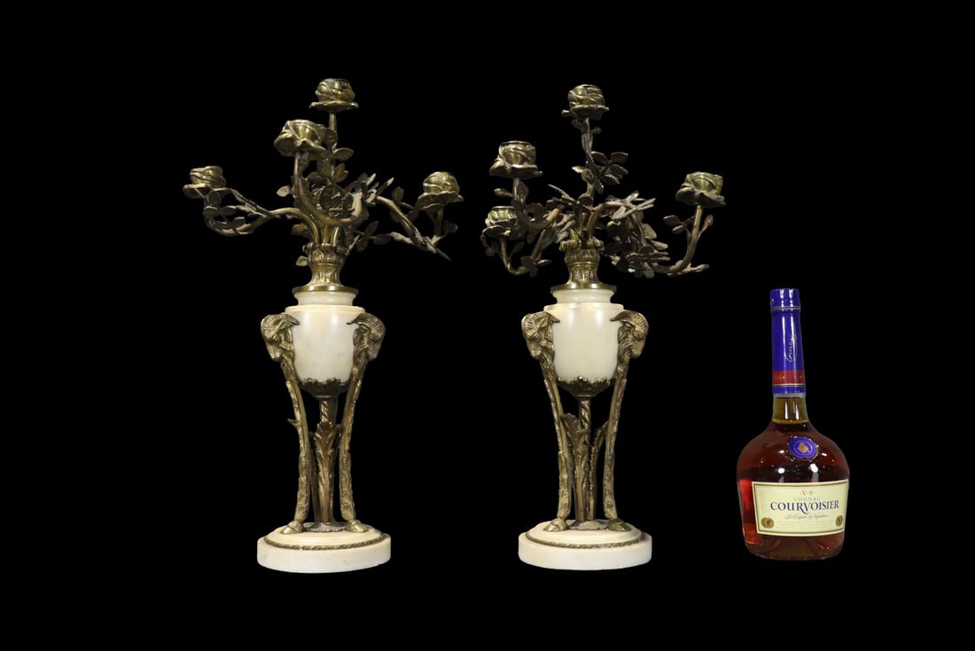 PAIR LOUIS XVI STYLE NEOCLASSICAL URN FORM MARBLE & BRONZE CANDELABRAS (1 of 7)