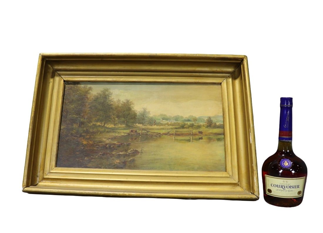 HART 19TH C LANDSCAPE OIL PAINTING: Oil painting. Gilt frame. Signed Hart bottom left. On canvas. Framed measures 15 5/8" h x 23 1/2" w x 2 1/2" d. Picture measures 10" h x 17 3/4" d.