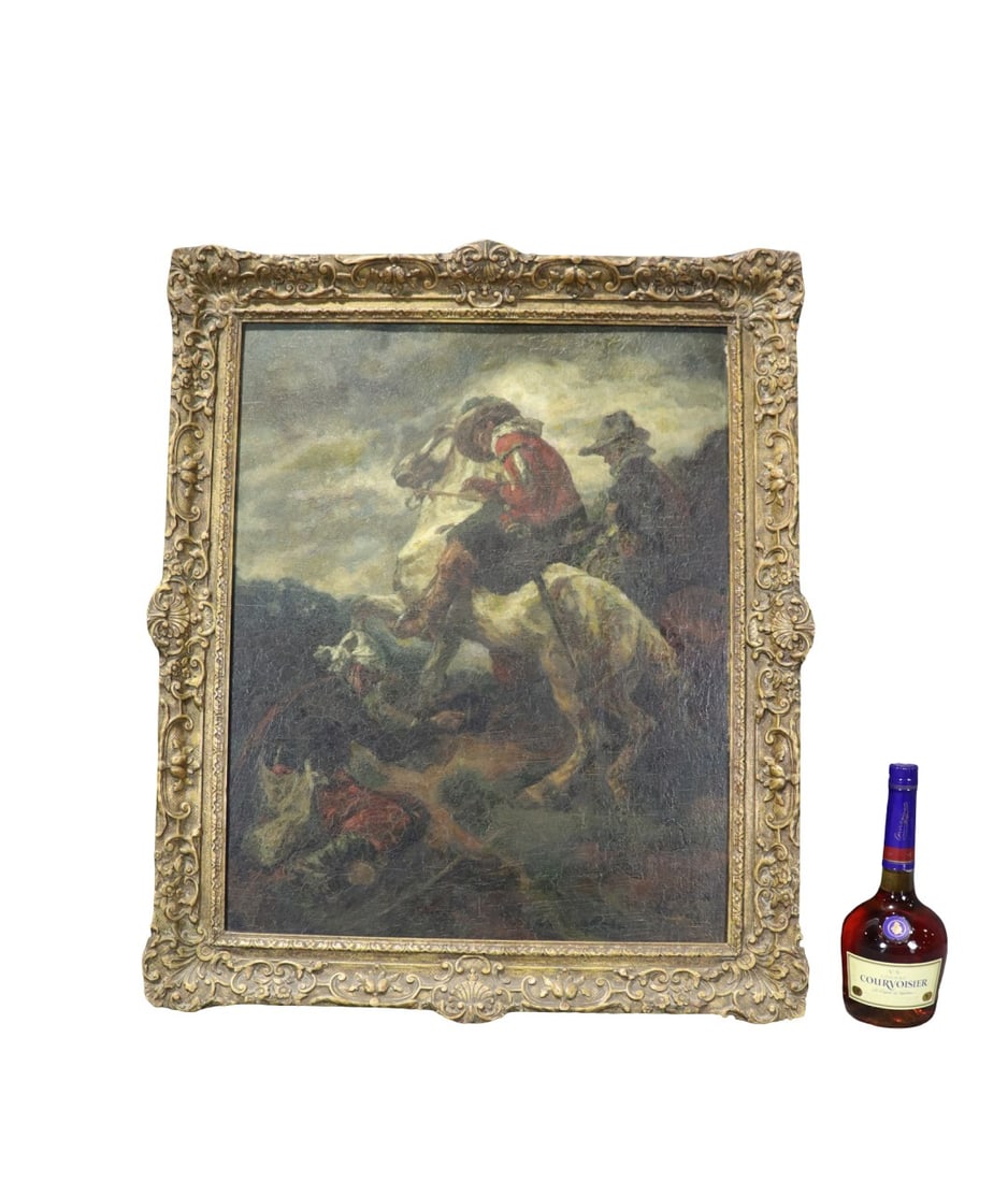ANTIQUE 17TH C STYLE OIL PAINTING: Oil painting. On board. Framed measures 31 3/8" h x 27 1/4" w x 2" d. Painting measures 25 3/4" h x 21 1/8" d.